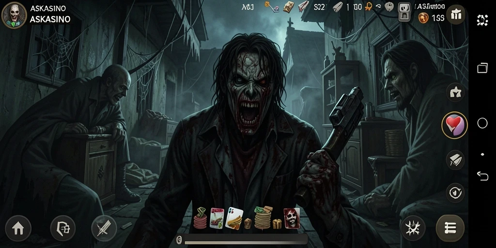 Screenshot gameplay ASKASINO menampilkan suasana horor yang mencekam dan menegangkan.