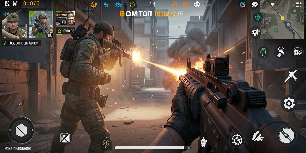 Screenshot gameplay menampilkan aksi tembak-menembak yang mendebarkan di BOMTOTO.
