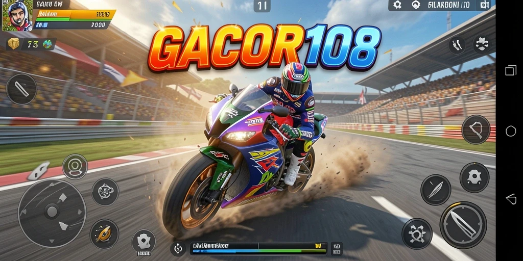 Screenshot gameplay GACOR108 menampilkan aksi balapan motor yang menegangkan.