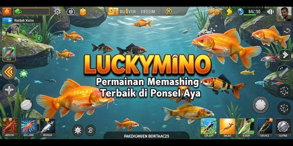 Tampilan gameplay seru di LUCKYMINO dengan berbagai jenis ikan.