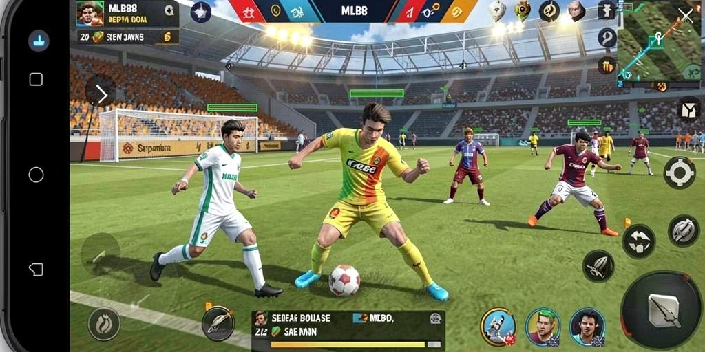 Tampilan utama gameplay MLBB8 dengan aksi sepak bola yang mendebarkan.