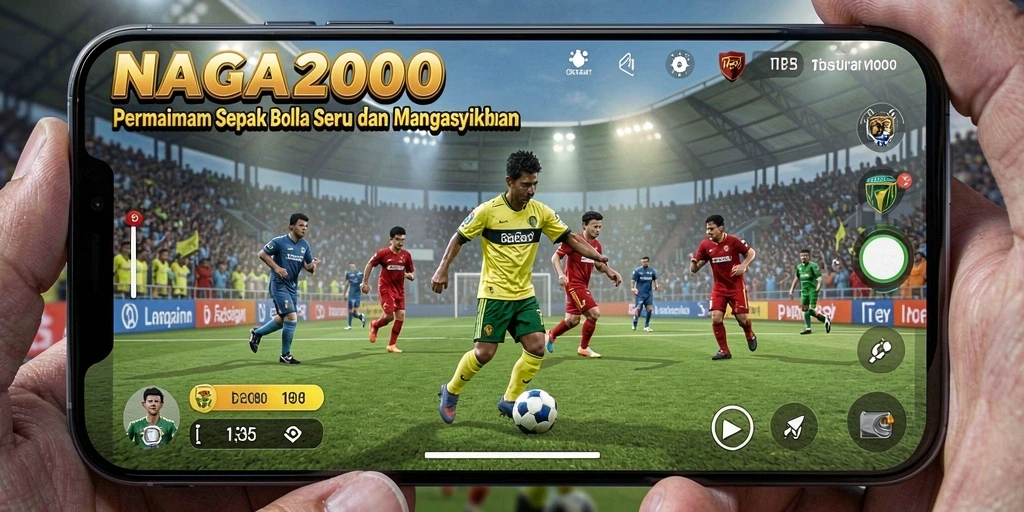 Tampilan gameplay seru dalam NAGA2000 yang menampilkan aksi sepak bola.