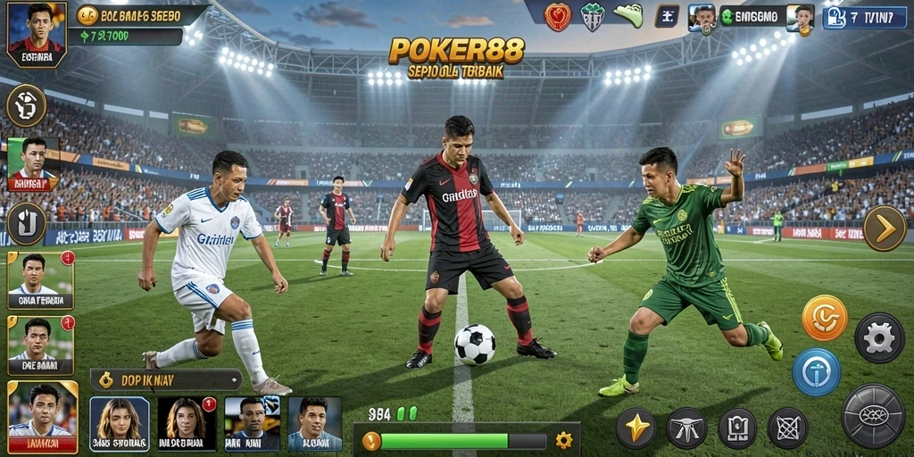 Screenshot gameplay <strong>POKER88</strong> yang menunjukkan aksi seru di lapangan sepak bola.