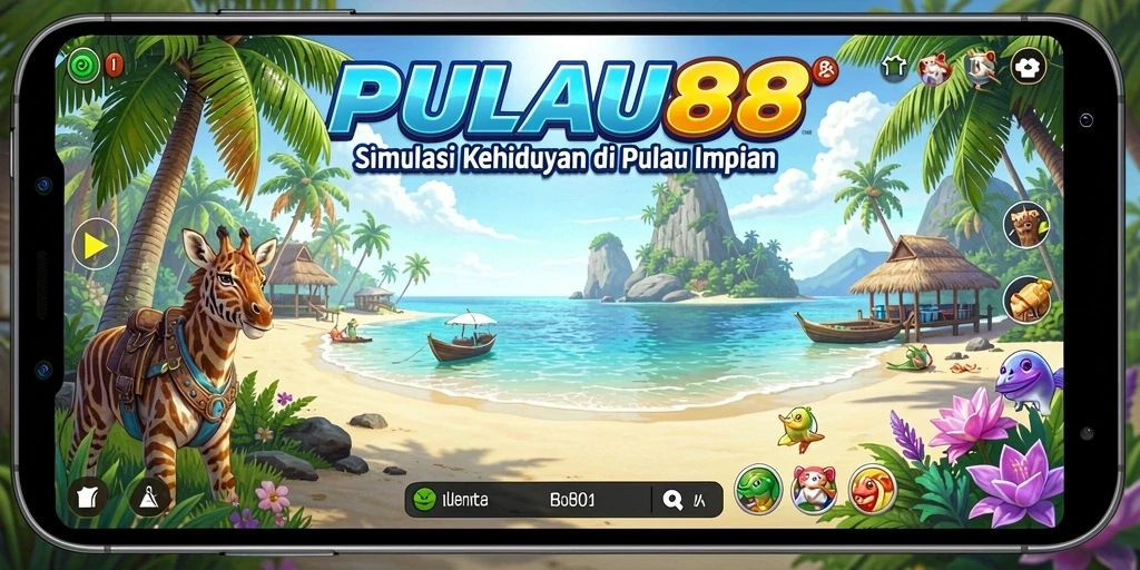 Tampilan gameplay PULAU88 dengan pemandangan pulau tropis dan karakter pemain.