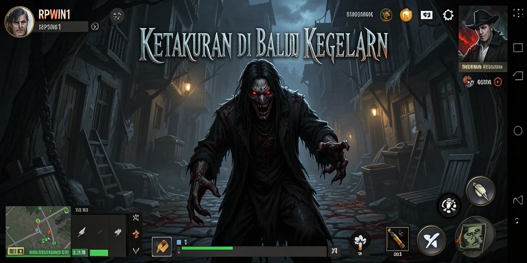 Screenshot gameplay RPWIN1 yang menegangkan dan suram.