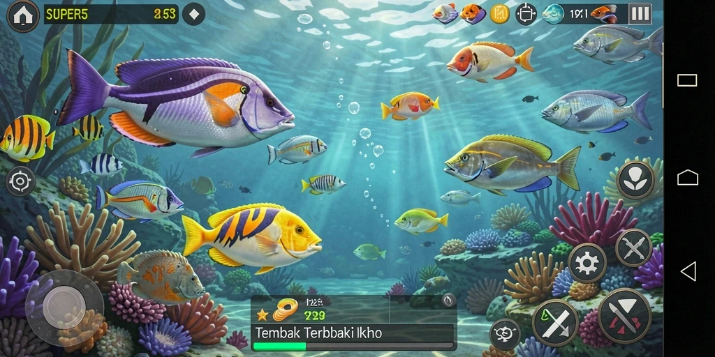 Tampilan gameplay SUPER5 yang menarik saat menembak ikan.